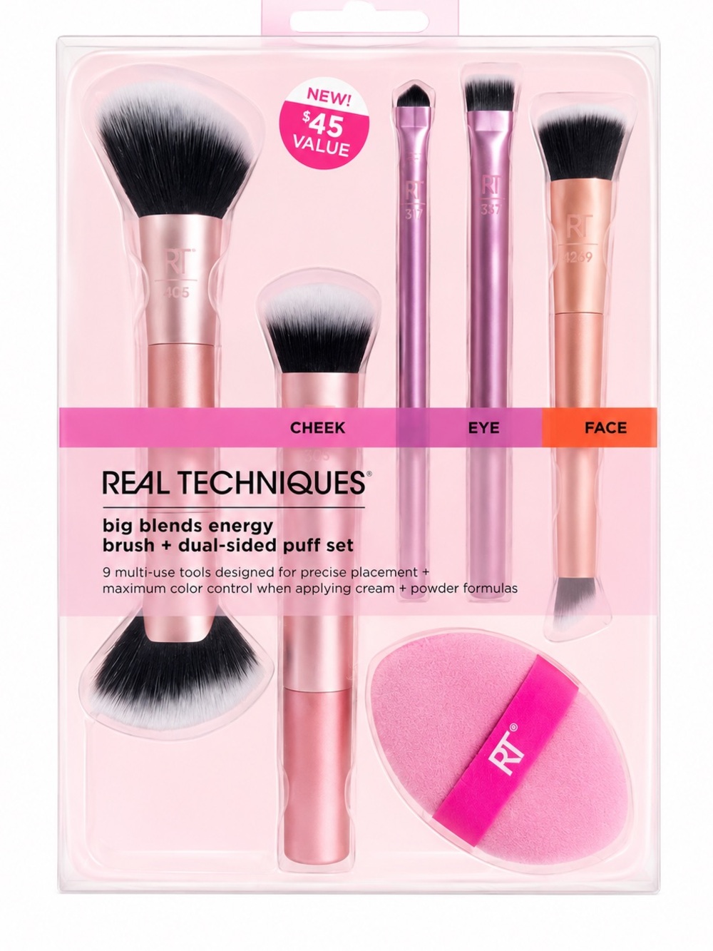 Real Techniques Big Blends Energy Brush * Dual sided puff set